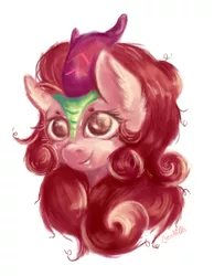 Size: 2398x3089 | Tagged: safe, artist:coco-drillo, derpibooru import, autumn blaze, kirin, bust, colourful, ear fluff, happy, horn, image, looking at you, messy mane, painting, png, portrait, simple background, smiling, smiling at you, solo