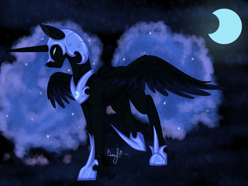 Size: 1280x960 | Tagged: safe, artist:vera2002, derpibooru import, nightmare moon, alicorn, pony, blue mane, blue tail, ethereal mane, feather, flowing mane, flowing tail, helmet, hoof shoes, horn, image, jpeg, moon, night, signature, simple background, sky, solo, sparkles, spread wings, starry mane, starry tail, tail, walking, wings