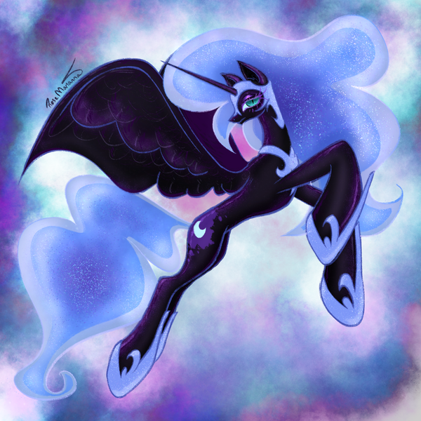 Size: 2048x2048 | Tagged: safe, artist:rosemarianna, derpibooru import, nightmare moon, alicorn, pony, blue mane, blue tail, colored pupils, ethereal mane, feather, flowing mane, flowing tail, helmet, hoof shoes, horn, image, long horn, looking at you, png, signature, simple background, solo, sparkles, spread wings, starry mane, starry tail, tail, wings