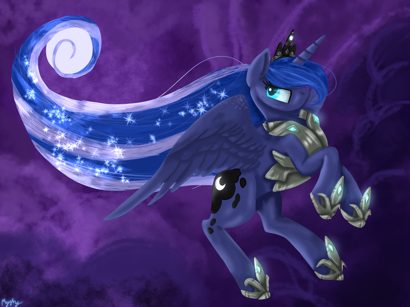 Size: 2048x1536 | Tagged: safe, artist:mystyswirl, derpibooru import, princess luna, alicorn, pony, armor, blue mane, blue tail, cloud, crown, ethereal mane, feather, female, flowing mane, flowing tail, flying, glow, hoof shoes, horn, image, jewelry, night, png, purple background, regalia, signature, simple background, sky, solo, sparkles, spread wings, starry mane, tail, wings