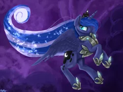 Size: 2048x1536 | Tagged: safe, artist:mystyswirl, derpibooru import, princess luna, alicorn, pony, armor, blue mane, blue tail, cloud, crown, ethereal mane, feather, female, flowing mane, flowing tail, flying, glow, hoof shoes, horn, image, jewelry, night, png, purple background, regalia, signature, simple background, sky, solo, sparkles, spread wings, starry mane, tail, wings