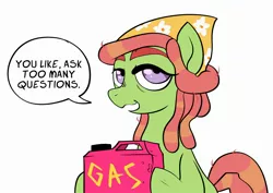 Size: 2575x1824 | Tagged: safe, artist:swagstapiece, derpibooru import, tree hugger, earth pony, pony, female, gas can, gasoline, image, jpeg, mare, simple background, solo, speech bubble, talking to viewer, white background