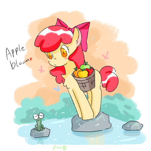 Size: 500x500 | Tagged: safe, artist:piaojun55154, derpibooru import, apple bloom, earth pony, frog, pony, female, filly, image, lagoon, png, rock, solo