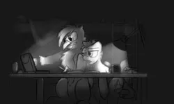 Size: 1280x768 | Tagged: safe, artist:captainhoers, derpibooru import, oc, oc:concorde, unofficial characters only, earth pony, gryphon, pegasus, pony, coffee mug, computer, desk, desk lamp, duo, grayscale, griffon oc, image, laptop computer, monochrome, mug, offspring, older, parent:soarin', parent:spitfire, parents:soarinfire, png, studying