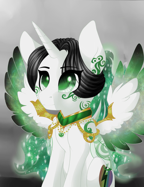 Size: 1280x1664 | Tagged: safe, alternate version, artist:schokocream, derpibooru import, oc, oc:lightning bliss, unofficial characters only, alicorn, pony, alicorn oc, female, glow, glowing wings, gradient background, horn, image, jpeg, mare, solo, spread wings, tattoo, wings