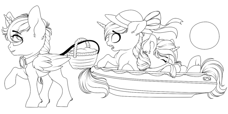 Size: 1280x640 | Tagged: safe, artist:schokocream, derpibooru import, oc, oc:lightning bliss, unofficial characters only, alicorn, pony, alicorn oc, basket, cloud, female, goggles, hat, horn, image, leonine tail, lineart, mare, monochrome, png, raised hoof, sun hat, tail, wings