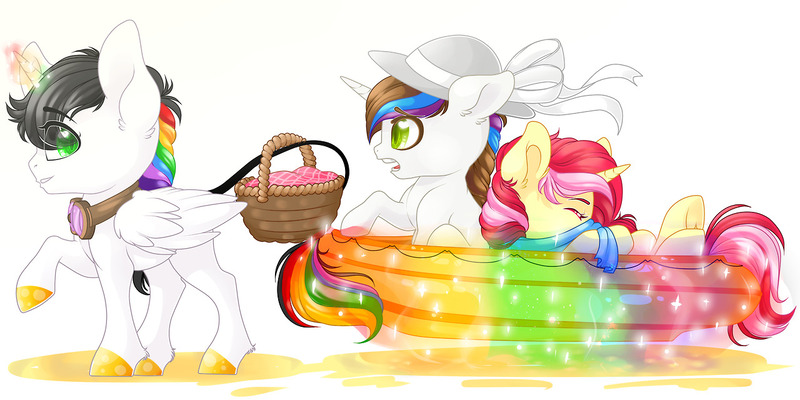 Size: 1280x640 | Tagged: safe, alternate version, artist:schokocream, derpibooru import, oc, oc:lightning bliss, unofficial characters only, alicorn, pony, alicorn oc, basket, cloud, colored, female, goggles, hat, horn, image, jpeg, leonine tail, mare, raised hoof, simple background, sun hat, tail, white background, wings