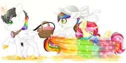 Size: 1280x640 | Tagged: safe, alternate version, artist:schokocream, derpibooru import, oc, oc:lightning bliss, unofficial characters only, alicorn, pony, alicorn oc, basket, cloud, colored, female, goggles, hat, horn, image, jpeg, leonine tail, mare, raised hoof, simple background, sun hat, tail, white background, wings