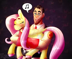 Size: 2000x1628 | Tagged: safe, artist:lycantrin, derpibooru import, fluttershy, human, pegasus, pony, blushing, cute, duo, eyes closed, female, holding a pony, image, male, mare, medic, music notes, png, shyabetes, team fortress 2, unshorn fetlocks