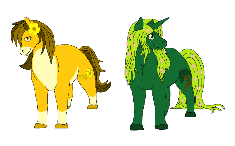 Size: 888x554 | Tagged: safe, artist:dr4m4-qu33n, derpibooru import, oc, unofficial characters only, earth pony, pony, unicorn, colored hooves, duo, earth pony oc, female, flower, flower in hair, horn, image, looking at something, mare, png, simple background, smiling, transparent background, unicorn oc