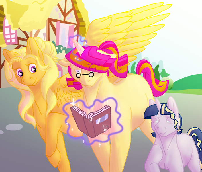 Size: 884x752 | Tagged: safe, artist:dr4m4-qu33n, derpibooru import, oc, oc:morning glory, unofficial characters only, pegasus, pony, unicorn, building, female, glow, glowing horn, horn, image, magic, mare, outdoors, pegasus oc, png, telekinesis, unicorn oc, wings