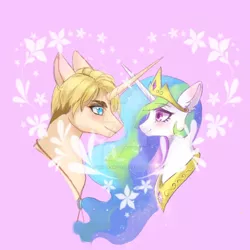Size: 1280x1280 | Tagged: safe, artist:shu-jeantte, derpibooru import, princess celestia, ponified, pony, attack on titan, blushing, crossover, crossover shipping, deviantart watermark, erwin smith, female, horn, horns are touching, image, jpeg, looking at each other, male, obtrusive watermark, pink background, shipping, simple background, straight, watermark