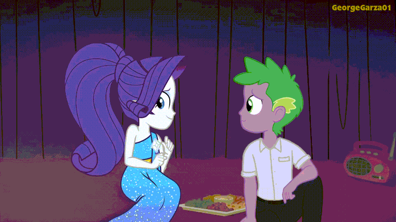 Size: 1920x1080 | Tagged: safe, alternate version, artist:georgegarza01, derpibooru import, edit, rarity, spike, human, equestria girls, equestria girls series, spring breakdown, spoiler:eqg series (season 2), animated, clothes, dress, female, gif, human spike, humanized, image, looking at each other, male, shipping, smiling, sparity, straight