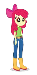 Size: 962x1920 | Tagged: safe, artist:eqgcmc, derpibooru import, edit, part of a set, vector edit, apple bloom, equestria girls, adorabloom, belt, boots, bow, clothes, cute, derpibooru exclusive, female, hair bow, image, jeans, pants, png, shirt, shoes, simple background, smiling, solo, transparent background, vector