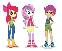 Size: 3840x3200 | Tagged: safe, artist:eqgcmc, derpibooru import, edit, vector edit, apple bloom, scootaloo, sweetie belle, equestria girls, adorabloom, belt, boots, bow, classy, clothes, complete set, converse, cute, derpibooru exclusive, diasweetes, dress, female, hand on hip, high heel boots, hoodie, image, jeans, modesty, pants, png, shirt, shoes, short pants, shorts, simple background, smiling, sneakers, socks, solo, tomboy, transparent background, vector