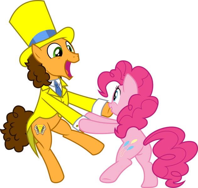 Size: 3154x3000 | Tagged: safe, artist:cloudyglow, derpibooru import, cheese sandwich, pinkie pie, earth pony, pony, the last laugh, clothes, duo, female, hat, image, male, open mouth, png, simple background, top hat, transparent background, vector