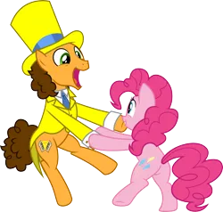 Size: 3154x3000 | Tagged: safe, artist:cloudyglow, derpibooru import, cheese sandwich, pinkie pie, earth pony, pony, the last laugh, clothes, duo, female, hat, image, male, open mouth, png, simple background, top hat, transparent background, vector