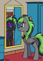 Size: 1280x1811 | Tagged: safe, artist:pony-berserker, derpibooru import, oc, oc:nightmare hp, changeling, pegasus, glasses, image, jpeg, mirror, reflection, wardrobe