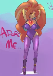 Size: 1400x2000 | Tagged: safe, artist:sozglitch, derpibooru import, adagio dazzle, equestria girls, arm behind head, armpits, big breasts, big hair, boots, breasts, busty adagio dazzle, cleavage, clothes, eye clipping through hair, female, gem, high heels, huge breasts, huge hair, image, jpeg, leotard, looking at you, platform heels, shoes, siren gem, smiling, smiling at you, socks, solo, stockings, thigh highs, vest