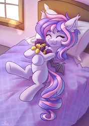 Size: 2480x3508 | Tagged: safe, artist:dandy, derpibooru import, oc, unofficial characters only, bat pony, pony, bat pony oc, bat wings, bed, bedroom, blushing, cute, ear fluff, eyes closed, female, happy, hug, image, lens flare, pillow, plushie, png, raffle prize, smiling, solo, wings