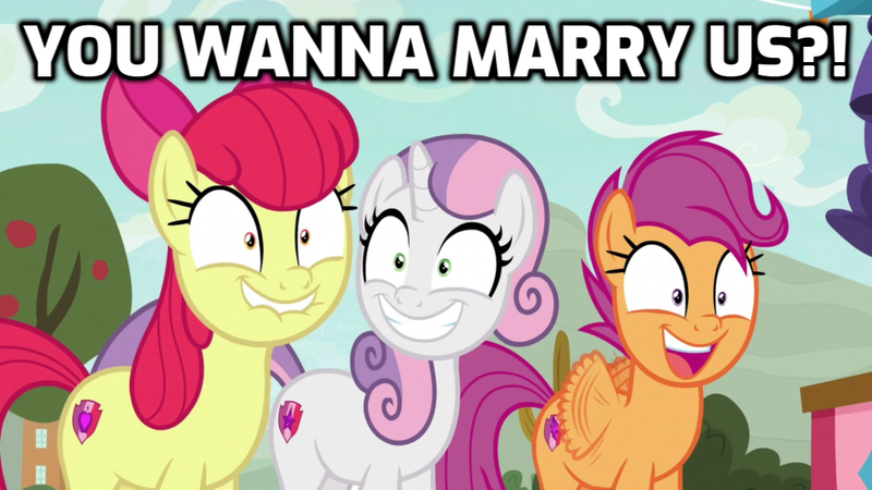 Size: 1024x576 | Tagged: safe, derpibooru import, edit, edited screencap, screencap, apple bloom, scootaloo, sweetie belle, earth pony, pegasus, pony, unicorn, growing up is hard to do, bronybait, cutie mark crusaders, female, flapping wings, image, implied marriage, mare, older, older apple bloom, older cmc, older scootaloo, older sweetie belle, png, wings