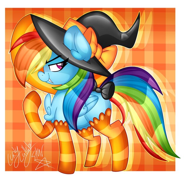 Size: 4096x3932 | Tagged: safe, artist:ladylullabystar, derpibooru import, rainbow dash, pony, chest fluff, clothes, fangs, hat, image, jpeg, socks, solo, striped socks, witch hat