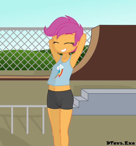 Size: 5598x6000 | Tagged: safe, artist:dtavs.exe, derpibooru import, scootaloo, equestria girls, arm behind head, bandaid, bike shorts, clothes, eyes closed, grin, image, png, show accurate, skatepark, smiling, tanktop