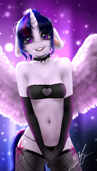 Size: 1700x3000 | Tagged: suggestive, derpibooru import, twilight sparkle, twilight sparkle (alicorn), alicorn, anthro, bandeau, belly, belly button, choker, clothes, cutie mark, fishnets, gloves, horn, image, long gloves, png, solo, wings