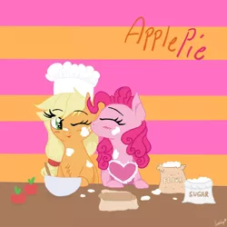 Size: 1280x1280 | Tagged: safe, artist:lostsheepp, derpibooru import, applejack, pinkie pie, earth pony, pony, apple, applepie, apron, bowl, chef's hat, chest fluff, clothes, dough, female, flour, food, hat, image, jpeg, kiss on the cheek, kissing, lesbian, mare, mixing bowl, one eye closed, rolling pin, shipping, sugar (food)