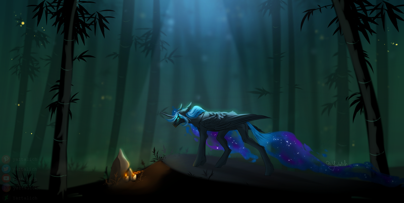 Size: 3520x1774 | Tagged: safe, artist:yaztalich, derpibooru import, nightmare moon, princess luna, alicorn, pony, blue eyes, blue mane, blue tail, candle, crepuscular rays, curved horn, ethereal mane, feather, female, forest, horn, image, leaf, moonlight, night, png, rock, shrine, signature, solo, speedpaint, starry mane, tail, tree, wings