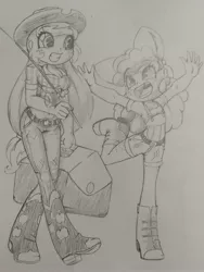 Size: 2604x3469 | Tagged: safe, artist:shadowhawx, derpibooru import, apple bloom, applejack, equestria girls, cooler, fishing rod, grin, happy, image, jpeg, smiling, traditional art