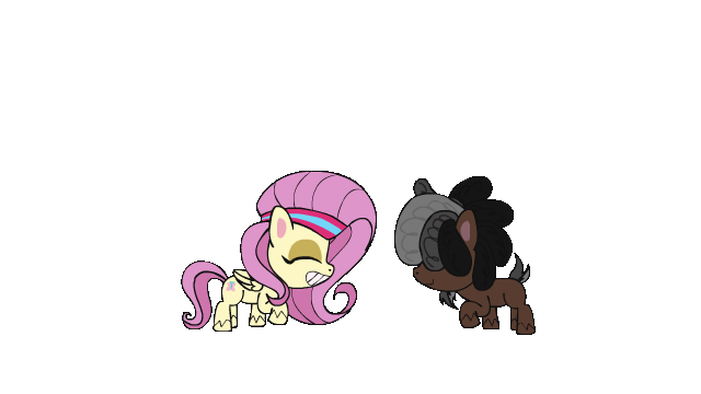 Size: 640x360 | Tagged: safe, artist:drippysdirtydeeds, derpibooru import, fluttershy, oc, oc:drippydeerpone, deer, deer pony, original species, pegasus, pony, my little pony: pony life, superb six, spoiler:pony life s01e23, bipedal, dancing, duo, eyes closed, female, gif, image, male, nose in the air, simple background, transparent background