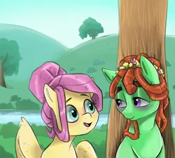 Size: 2048x1840 | Tagged: safe, artist:smirk, derpibooru import, fluttershy, tree hugger, earth pony, pegasus, pony, alternate hairstyle, blushing, bush, bust, cute, duo, female, floral head wreath, flower, image, jpeg, lidded eyes, looking at each other, looking at someone, mare, open mouth, outdoors, ponytail, river, talking, tree, under the tree, wings