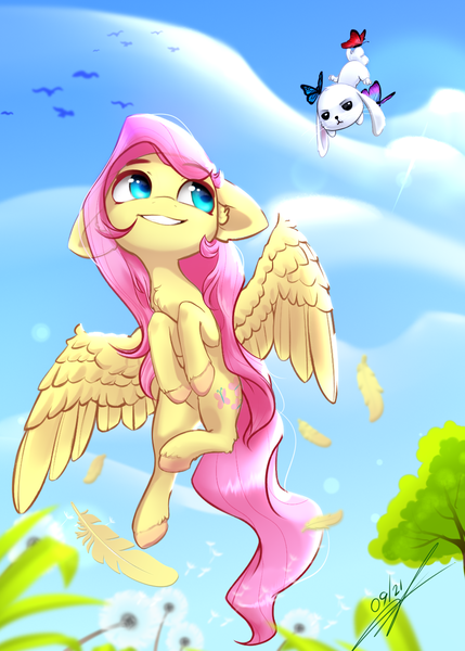 Size: 1000x1400 | Tagged: safe, artist:thatdreamerarts, derpibooru import, angel bunny, fluttershy, bird, butterfly, insect, pegasus, pony, rabbit, adorable face, animal, chest fluff, cloud, colored hooves, cute, cutie mark, dandelion, duo, ear fluff, feather, female, floppy ears, flying, image, looking at someone, looking up, mare, outdoors, png, shyabetes, smiling, spread wings, tree, wings
