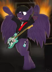 Size: 2546x3520 | Tagged: safe, artist:kamithepony, derpibooru import, oc, oc:firesale, unofficial characters only, pegasus, pony, collar, electric guitar, fangs, guitar, guitar amp, image, jewelry, jpeg, musical instrument, musician, piercing, rock (music), solo, stage, tattoo