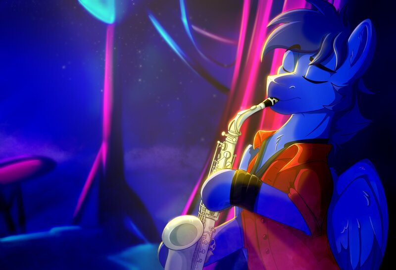 Size: 3300x2250 | Tagged: safe, artist:rutkotka, derpibooru import, oc, oc:skaj, unofficial characters only, pegasus, pony, clothes, commission, eyes closed, image, jpeg, musical instrument, saxophone, shirt, solo