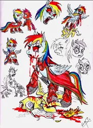 Size: 1127x1552 | Tagged: grimdark, artist:devilkais, derpibooru import, fluttershy, rainbow dash, scootaloo, changeling, pegasus, pony, abuse, amputation, blood, bloodshot eyes, crying, death, decapitated, decapitation, female, flutterbuse, image, mare, murder, png, severed head, severed wing