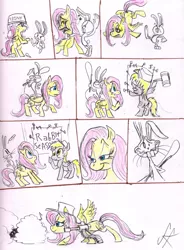 Size: 2099x2858 | Tagged: safe, artist:devilkais, derpibooru import, angel bunny, derpy hooves, fluttershy, pegasus, pony, rabbit, animal, choking, comic, female, image, jpeg, kick in the butt, male, mare, riding, traditional art, whip