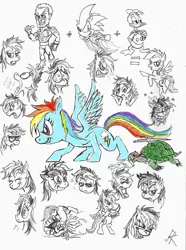 Size: 900x1209 | Tagged: safe, artist:devilkais, derpibooru import, rainbow dash, pegasus, pony, turtle, bipedal, donald duck, female, food, image, jpeg, male, mare, pizza, sonic the hedgehog, sonic the hedgehog (series), traditional art