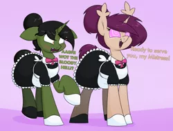 Size: 3000x2281 | Tagged: safe, artist:moonatik, derpibooru import, oc, oc:grim fate, oc:timetable, unofficial characters only, bat pony, pony, unicorn, abstract background, apron, bat pony oc, bat wings, blushing, bowtie, clothes, dress, fangs, female, gloves, hair bun, horn, hybrid oc, hypnosis, hypnotized, image, maid, mare, png, shoes, tail, tail bun, tights, unicorn oc, wings