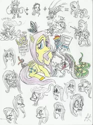 Size: 1617x2173 | Tagged: safe, artist:devilkais, derpibooru import, angel bunny, fluttershy, rainbow dash, alien, bird, butterfly, centipede, duck, human, insect, pegasus, pony, rabbit, snail, snake, spider, xenomorph, alien (franchise), andromeda shun, angry, animal, clothes, female, image, imminent vore, jpeg, mare, shirt, shoulder angel, shoulder devil, sitting, snow white, traditional art