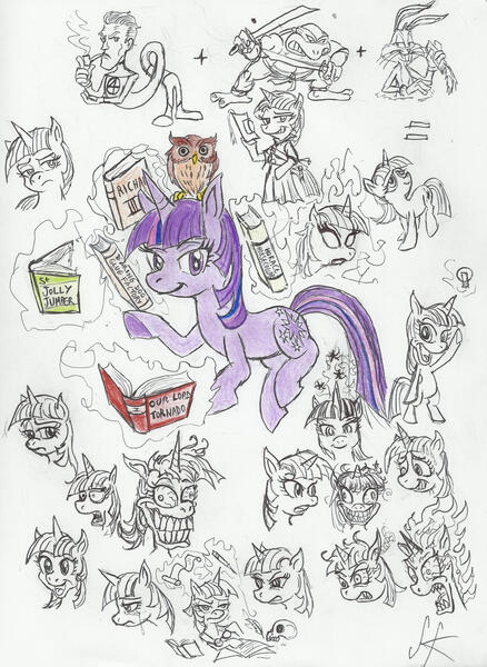 Size: 1591x2181 | Tagged: safe, artist:devilkais, derpibooru import, owlowiscious, twilight sparkle, bird, human, owl, pony, unicorn, book, bugs bunny, female, image, jpeg, leonardo, levitation, lightbulb, magic, male, mare, reed richards, skull, telekinesis, traditional art