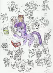 Size: 1591x2181 | Tagged: safe, artist:devilkais, derpibooru import, owlowiscious, twilight sparkle, bird, human, owl, pony, unicorn, book, bugs bunny, female, image, jpeg, leonardo, levitation, lightbulb, magic, male, mare, reed richards, skull, telekinesis, traditional art