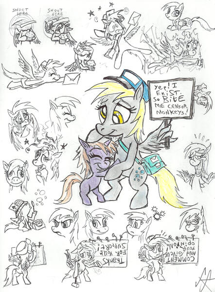 Size: 1602x2174 | Tagged: safe, artist:devilkais, derpibooru import, derpy hooves, dinky hooves, pegasus, pony, bipedal, blowing bubbles, bubble, butt, eating, electrocution, female, filly, food, hat, image, jpeg, letter, mare, muffin, nail, plot, traditional art