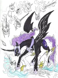 Size: 1602x2136 | Tagged: safe, artist:devilkais, derpibooru import, nightmare moon, princess celestia, alicorn, pony, broken horn, crying, female, horn, image, jpeg, lying down, magic, mare, on back, traditional art