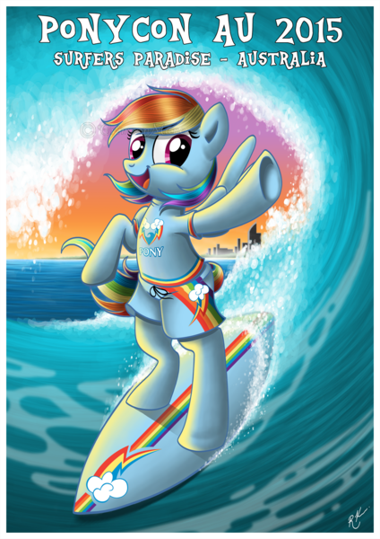 Size: 1024x1450 | Tagged: safe, artist:crimson-mane, derpibooru import, rainbow dash, pegasus, bipedal, blue, clothes, convention, female, image, ocean, png, ponycon au, solo, surfboard, surfing, swimsuit, underhoof, water, watermark