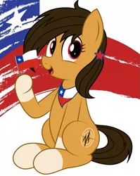 Size: 815x1024 | Tagged: safe, artist:an-tonio, derpibooru import, oc, oc:chilenia, ponified, unofficial characters only, earth pony, pony, bandana, chile, coat markings, female, flag, happy, holding, image, looking at you, mare, nation ponies, open mouth, png, sitting, smiling, socks (coat marking), solo