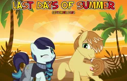 Size: 2064x1320 | Tagged: safe, anonymous artist, derpibooru import, coloratura, feather bangs, earth pony, 2021, beach, colorabangs, female, friendship, image, male, ocean, one eye closed, palm tree, png, september, shipping, smiling, straight, summer, sunset, tree, wink, youtube link in the description