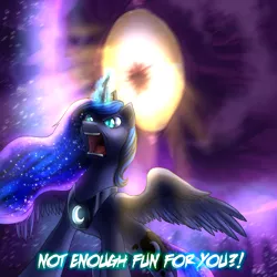 Size: 2000x2000 | Tagged: safe, artist:not-ordinary-pony, derpibooru import, princess luna, angry, canterlock, crossover, derpibooru exclusive, hellstar remina, image, png, solo, text, this will end in death