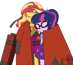 Size: 1599x1426 | Tagged: safe, artist:jcpreactyt, derpibooru import, sci-twi, sunset shimmer, twilight sparkle, equestria girls, clothes, coat, embrace, female, hair, headband, hug, image, lesbian, png, ponytail, scitwishimmer, scroll, shipping, sunsetsparkle